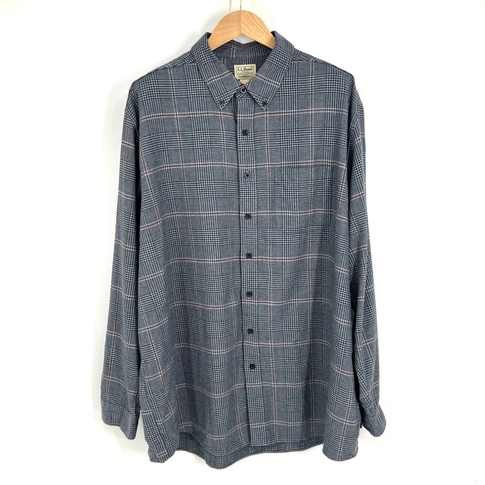 LL Bean Wicked Good Flannel Shirt Gray Heather Plaid XXL Tall Traditional Fit